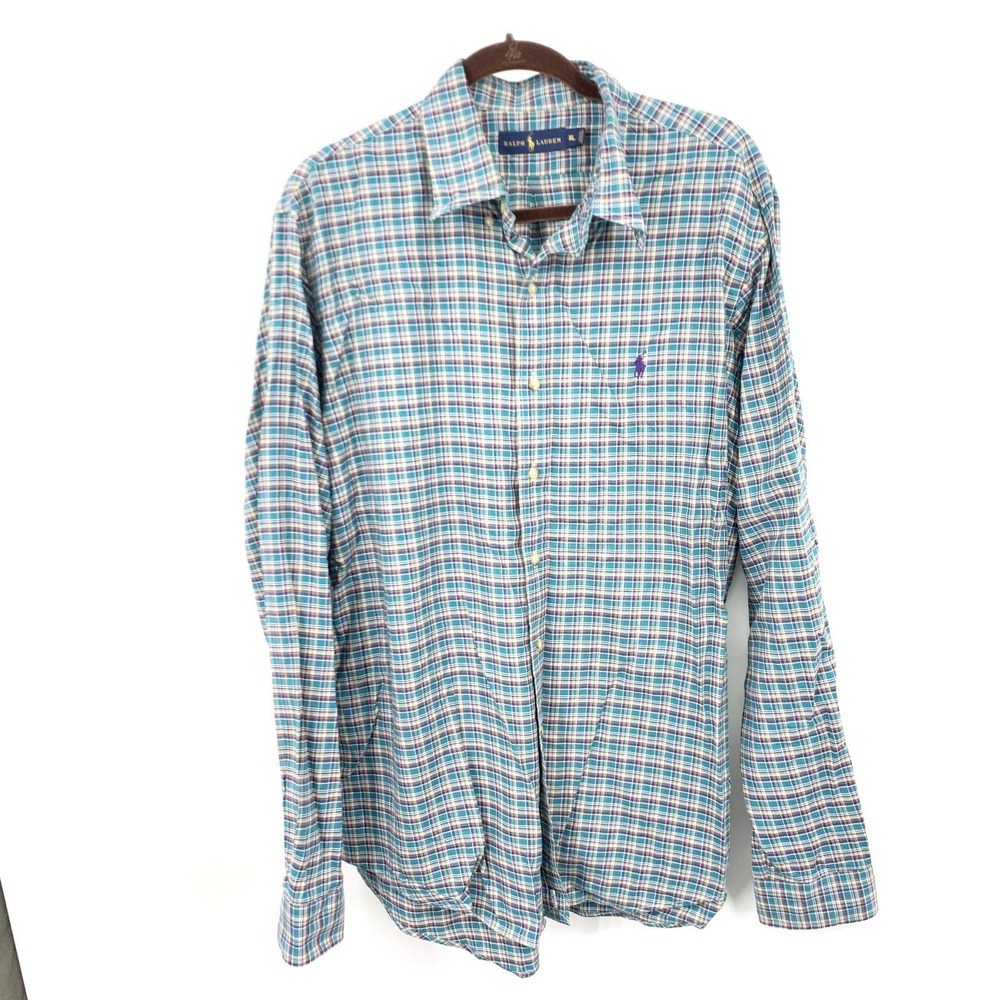 Ralph Lauren Men Size XL Shirt Button Down Top Blue Purple Checker Plaid Cotton